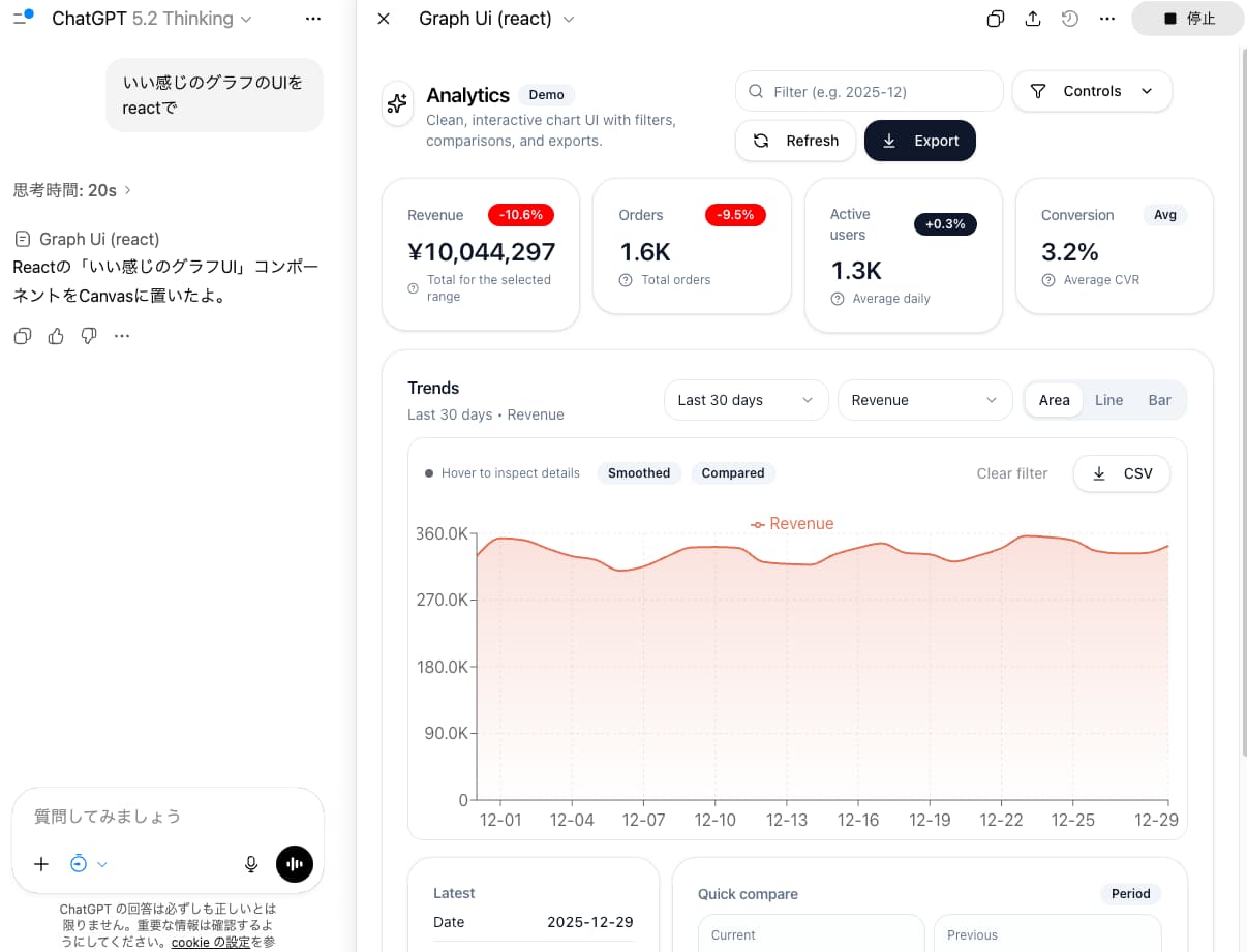 ChatGPT CanvasでReactプレビューを表示した例